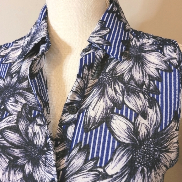 Button down sleeveless floral collared long length tunic blouse / dress - Picture 4 of 8